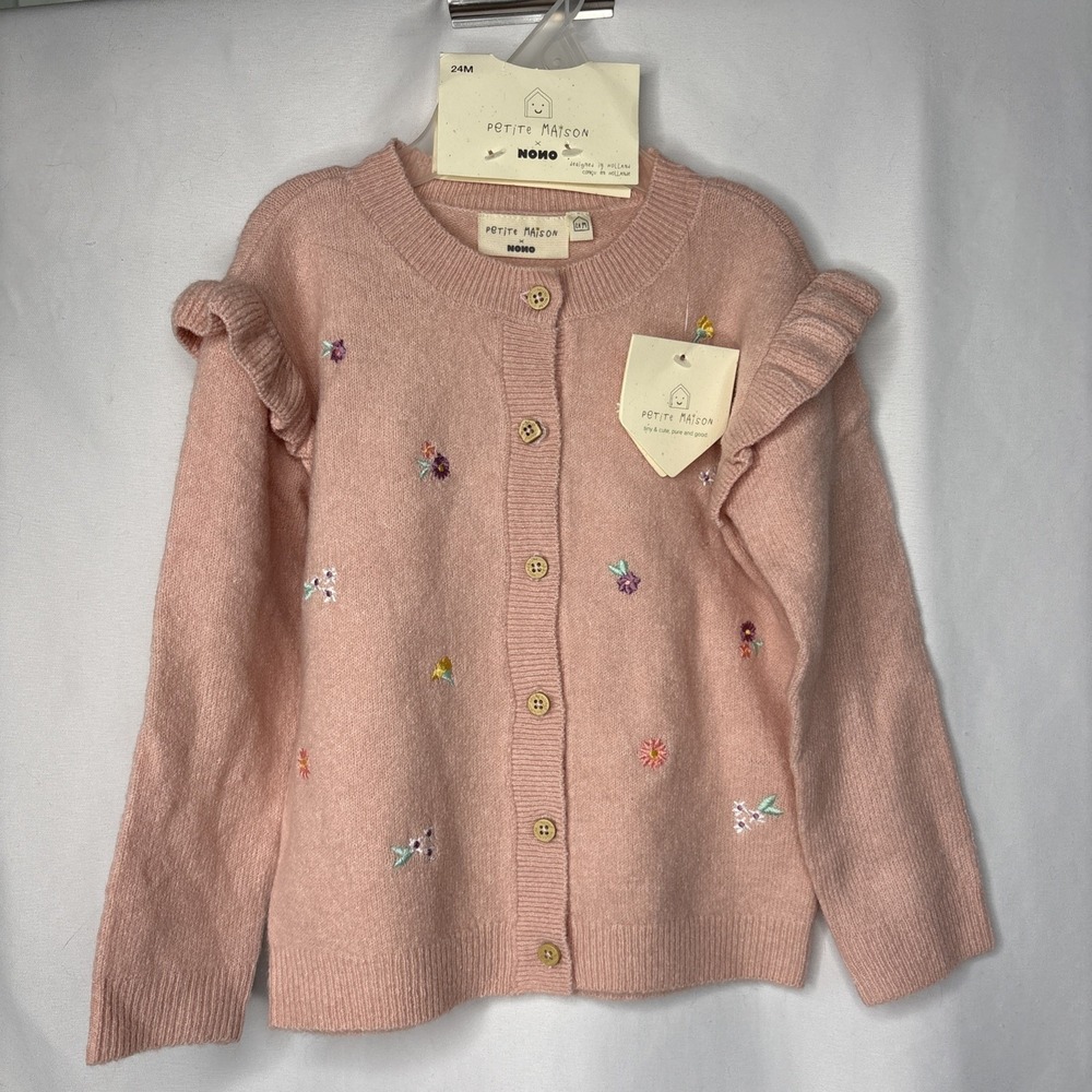 Petite Maison Baby 24 M Pink Ruffle Button‎ Cardigan Sweater Floral Embroidery